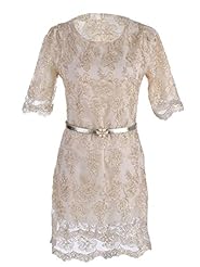 3/4 Sleeves Belted Lace   Dress With Pearls