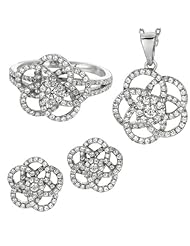 BRI Jewelry Sterling Silver Flower With Clear Cubic Zirconia Set - Pendant - Earring - Ring - Size 8