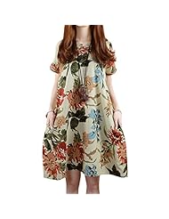 Cotton/Linen 2015 Floral Print Short Sleeves  Dress