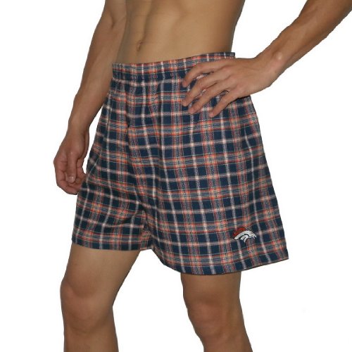 Mens NFL Denver Broncos Plaid Cotton Boxer Shorts / Pajama Lounge Shorts - Blue & Orange (Size: XL)