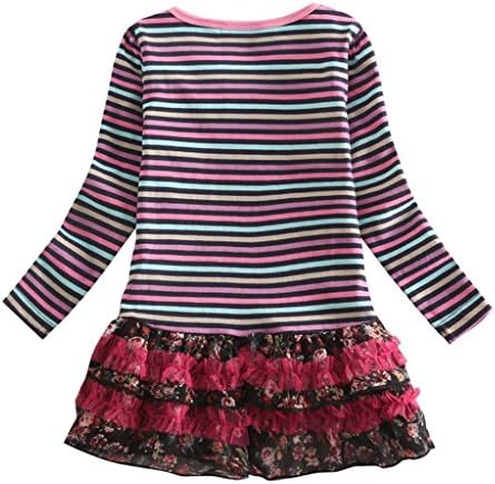 Peppa Pig Little Girls' Spring Fall Long-Sleeve Cartoon Butterfly Stripe Bow-Tie Alphabet Flowers Head Portrait Stitching Cotton Princess Dresses,Multicolor,5/6Y
