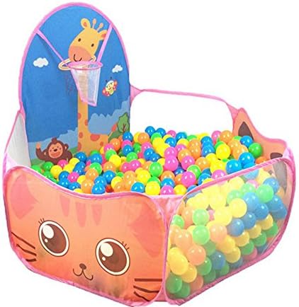 Foldable Hexagon Tent with Basketball Hoop- Kids Polka Dot Playpen Ball Pit Portable Polyester Ball Pool Pink