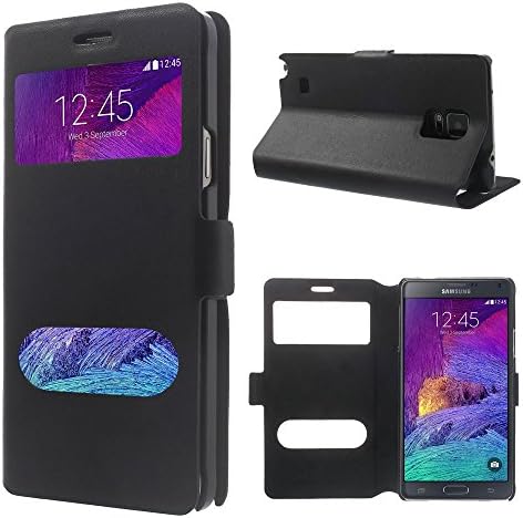 Smays Genuine Leather Card Holder Case Dual Windows with Stand for Samsung Galaxy Note 4 N910 (Black)