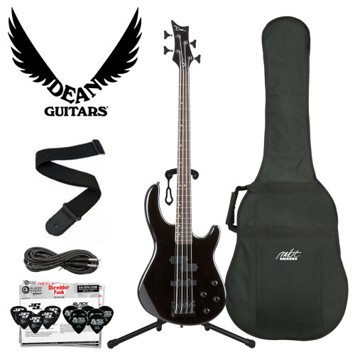 Dean Guitars E10APJ-CBK-Kit04 Dean Edge 10 Active PJ Bass, Classic Electric Bass – Black with Cable, Planet Waves 12 Pick Shredder Pack, Ultra Stand and Coffin Case Body Bag