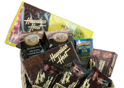 Hawaiian Lauhala Prince Lunch Bag Gift Basket Roasted Kona Coffee Blends & Macadamia Nuts Chocolate & Macadamia Candies #1