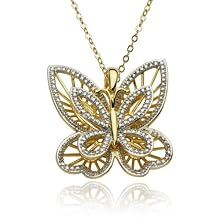 Yellow Gold Plated Sterling Silver Butterfly Pendant and Diamond-Accent, 18"