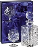 from Crystal of Distinction Hand Cut 24 Lead Crystal Square Decanter and Pair of Brandy Glasses in Silk Lined Presentation Box