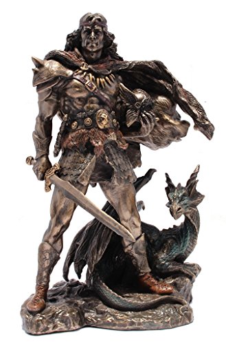 Viking Warrior in Battle Gear with Sword and Dragon 9 1/8 Inch Colored Cold Cast Bronze Statue