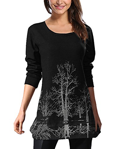 DJT Women's Scoop Neck Long Sleeve Stretchy Printed Casual Top Blouse