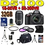 Nikon D5100 16.2MP CMOS Digital SLR Camera with 18-55mm f/3.5-5.6 AF-S DX VR Nikkor Zoom Lens + Nikon 55-300mm f/4.5-5.6G ED VR AF-S DX Nikkor Zoom Lens Accessory Saver 32GB Filters Bundle