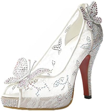 Littleboutique Night Club Platform Lace Crystal Rhinestone Party Pumps Peep Toe Wedding Bridal High Heels white 3