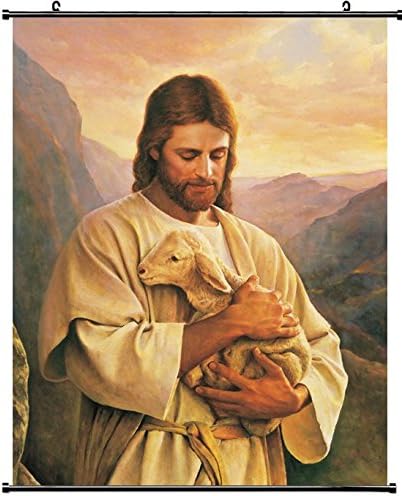 Home Decor jesus carrying a lost lamb Wall Scroll Poster Fabric Painting 20X25 inch