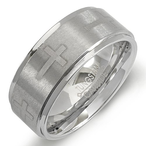 Best Price Tungsten Carbide Men's Ladies Unisex Ring Wedding Band 9MM Cross Ridged Edges Laser Engraved Brushed & Polished Comfort Fit (Available in Sizes 8 to 12)