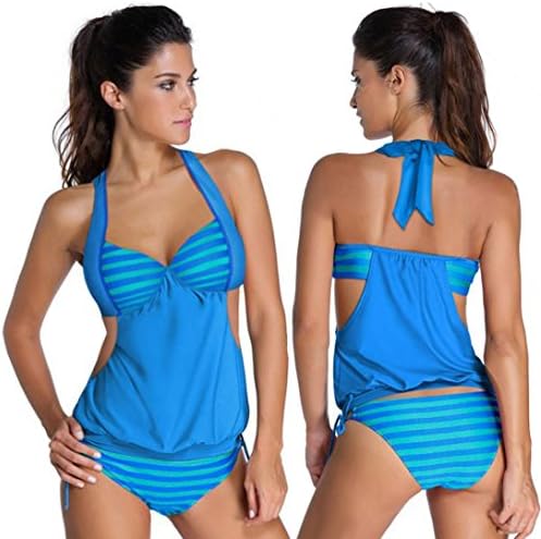 Sunward(TM) MOKINGTOP Women Striped Splicing Strap Bikini Swimwear (Medium, Blue)
