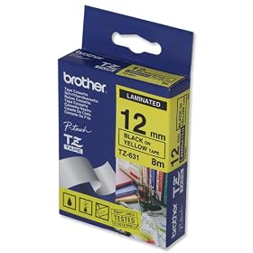 Brother P-touch TZ Label Tape 12mmx8m Black on Yellow Ref TZ631