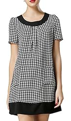 Houndstooth Print Shift Polyester Pleated  Dress