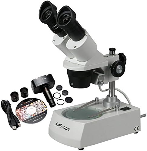 AmScope SE305R-PX-MT Digital Forward-Mounted Binocular Stereo Microscope, WF5x and WF10x Eyepieces, 5X/10X/15X/30X Magnification, 1X and 3X Objectives, Upper and Lower Halogen Lighting, Reversible Black/White Stage Plate, Pillar Stand, 120V, Includes 1.3MP Camera with Reduction Lens and Software