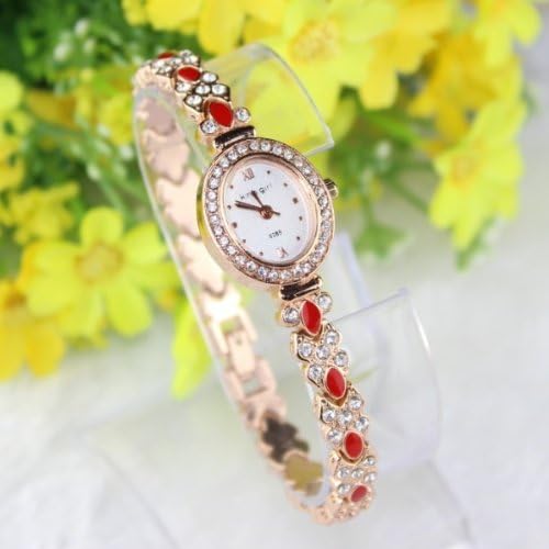 Women Luxury Dress Watch Red Oval Crystal Rose Gold Ceramic Fashion Bracelet Watches Analog Quartz