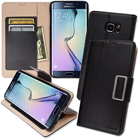 S6 Edge Plus Magnetic Kickstand Wallet Case, Samsung Galaxy S6 Edge+ Soft Foldable Leather Diary Flip Cover, 10 Colors (Black)