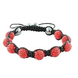 Red Crystals Black Cord Onyx Macrame Beaded Shamballa Ball Unisex Bracelet