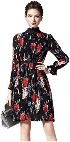 MoonlightCity Women Spring Autumn Fashion Lady Lotus Sleeve Pleated Dress Black M