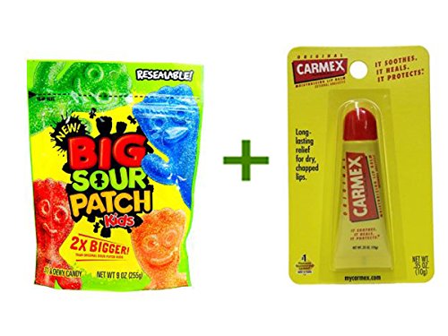 Sour Patch Kids 2x Big - Pouch 9oz, (6 Pack), Carmex Moisturizing Lip Balm Tubes 1ct Bundle