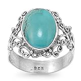 Sterling Silver Ring W/ Turquoise Stone - Semi-Round-Face Height: 15 mm(0.59 inch)