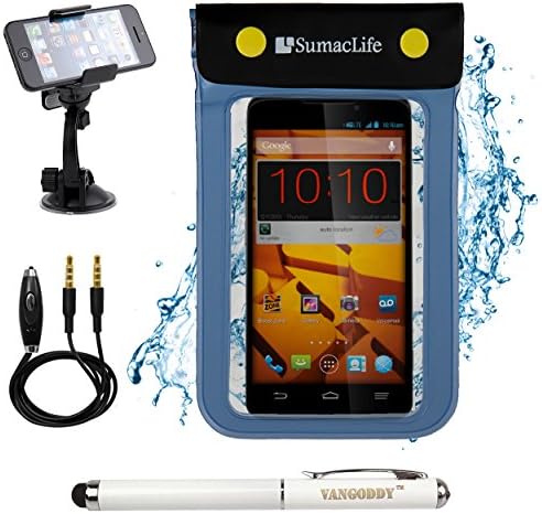 Blue SumacLife Waterproof Dry Pouch Bag Case for Alcatel One Touch Hero / Alcatel One Touch Pop C9 / Alcatel OneTouch POP S9 Smart Phones + 3.5mm Auxiliary Cable + Windshield Mount