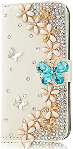 5s Case，Iphone 5 Case,TAIYANYU(TM) 3D Handmade Bling Crystal Butterfly Lingers Over Flower Rhinestone Diamond Flowers PU Leather Wallet Type with Magnetic Clasp Credit Card Holder Design Case Cover for Iphone 5 5S with Soft Clean Cloth (Blue)