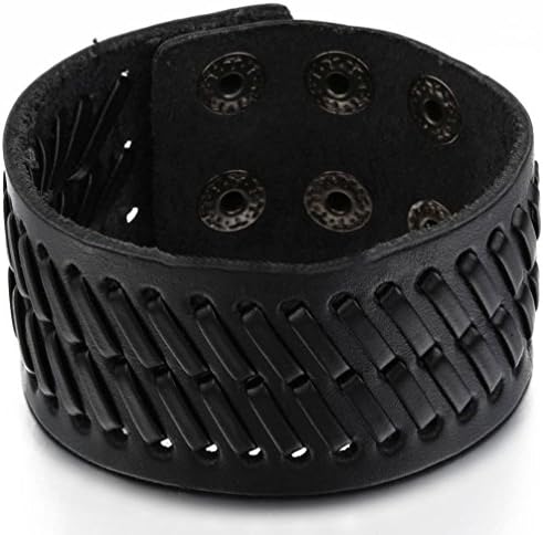 Janestore Super Wide Black Leather Men¡®s Boys Adjustable Cuff Strap Wristband Bracelet