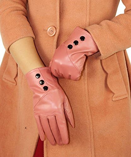 ATHN Women's Winter Outdoor Walking Stylish Button Warm Leather Wristlet Gloves Pink