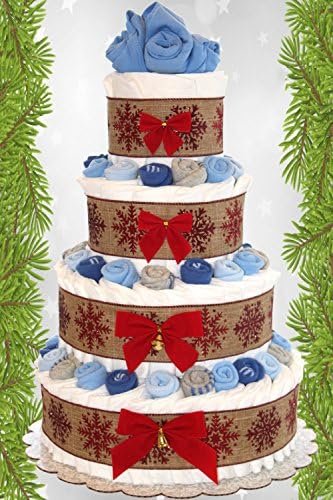 Classic Christmas Diaper Cake Decorated with Baby Socks and Bodysuits (4 Tier, Boy - Blue)