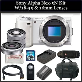Sony Alpha Nex-5N Kit with 16mm & 18-55mm Lenses. Package Includes: Sony Nex5N Digital Camera(White) Sony E-Mount SEL 1855 18-55mm f/3.5-5.6 Zoom Lens, Sony E-Mount SEL16F28 16mm f/2.8 Wide-Angle Alpha E-Mount Lens, 16GB Memory Card & Much Much More!