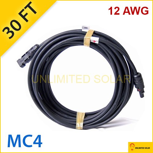 Solar Panel Cable 30 Ft - Mc4 Pv Extension- 12awg - 600vdc - Sunlight Resistant