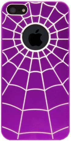 GROUP SET - Rear Tough Slim SPIDER WEB Art Cover Plate Shell + Black Handsfree Earphones w/ Mic for Apple iPhone 5 LTE 4G // PURPLE & SILVER