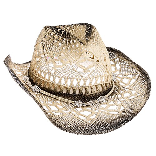 Dorfman Pacific Women Straw Western Cowgirl Hat w/ Glass Beads (Natural & Black)