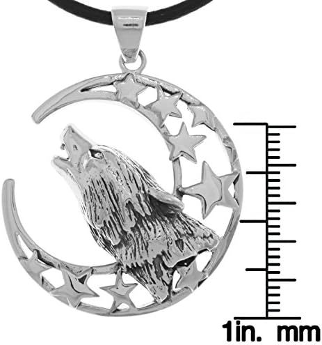 CGC Silver Plated Bronze Crescent Moon and Stars Howling Wolf Head Pendant on 24 Inch Black Leather Necklace