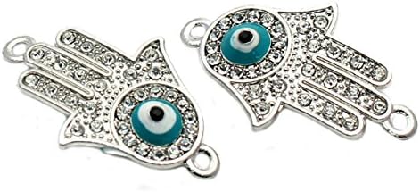 Terrific 5pcs Silver Tone Clear Rhinestone Blue Evil Eye Hand Connectors 35.5x22mm