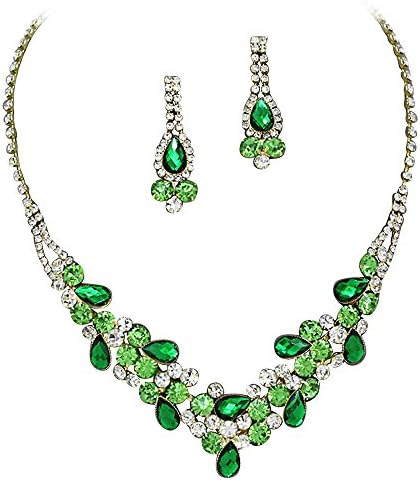 Elegant Emerald Green W Lime Green Accents V-Shaped Garland Bridesmaid Evening Necklace Set Gold Tone K6