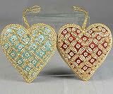 Burgundy & Blue Handbeaded Lattice Heart Ornament Set - Fair Trade