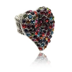 Large Silver Multi Colored Crystal Studded Heart Stretch Ring