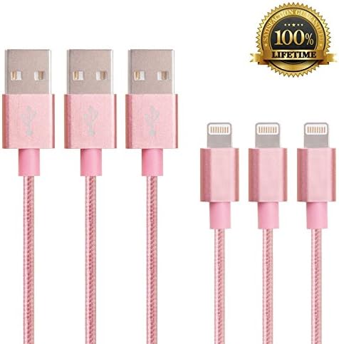 HFOVER 3 Pack 5ft Top Quality Nylon Braided Tangle-Free 8 Pin Lightning Cable USB Cord for iphone6s 6s+, 6 Plus 6, iPhone 5 5C 5S, iPad 4/ Mini/ Air, iPod Touch 5/Nano 7. One Year Warranty (ROSE GOLD)