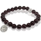 Garnet Stretch Bracelet with Christian Charm & Blue Rhinestone Bead Accent
