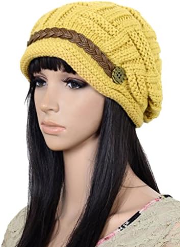 Women Winter Warm Slub Knit Snow Beanie Hat Crochet Ski Cap Yellow