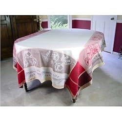 Poppy Poppies Bordeaux Natural Jacquard French Tablecloth 65 by 100 inches