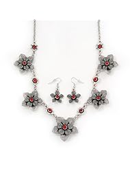 Burn Silver Textured Flower Necklace & Drop Earrings Set With Red Crystals - 40cm Length / 6cm Extension