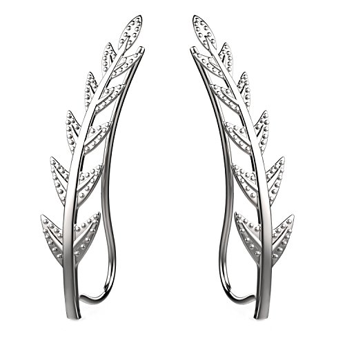 Feramox Ear Crawler Cuff Earrings Sterling Silver Ear Climber Studs Olive Leaf Hypoallergenic