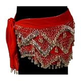 Hip Scarf, Silver Beads & Coins, Red