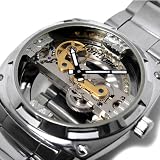 [特価] テンプ スケルトン 自動巻き 腕時計 シルバー×イエロー スワロフスキー ジョンキル石