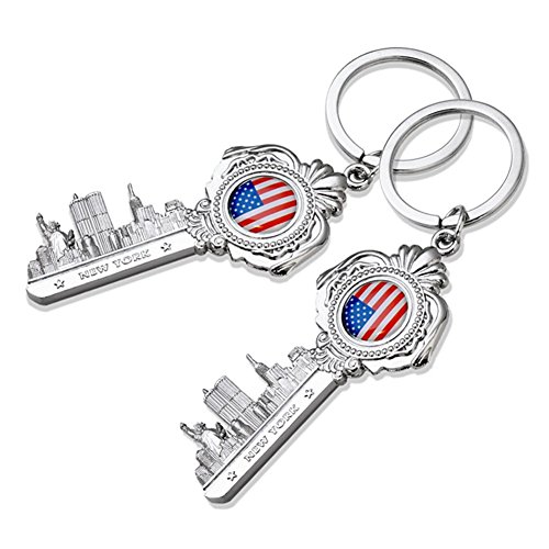 NYKC[Pack of 2] New York Statue of Liberty, Empire State Building NY Skyline with American Flag Key Shape Patriotic Souvenir Keychain